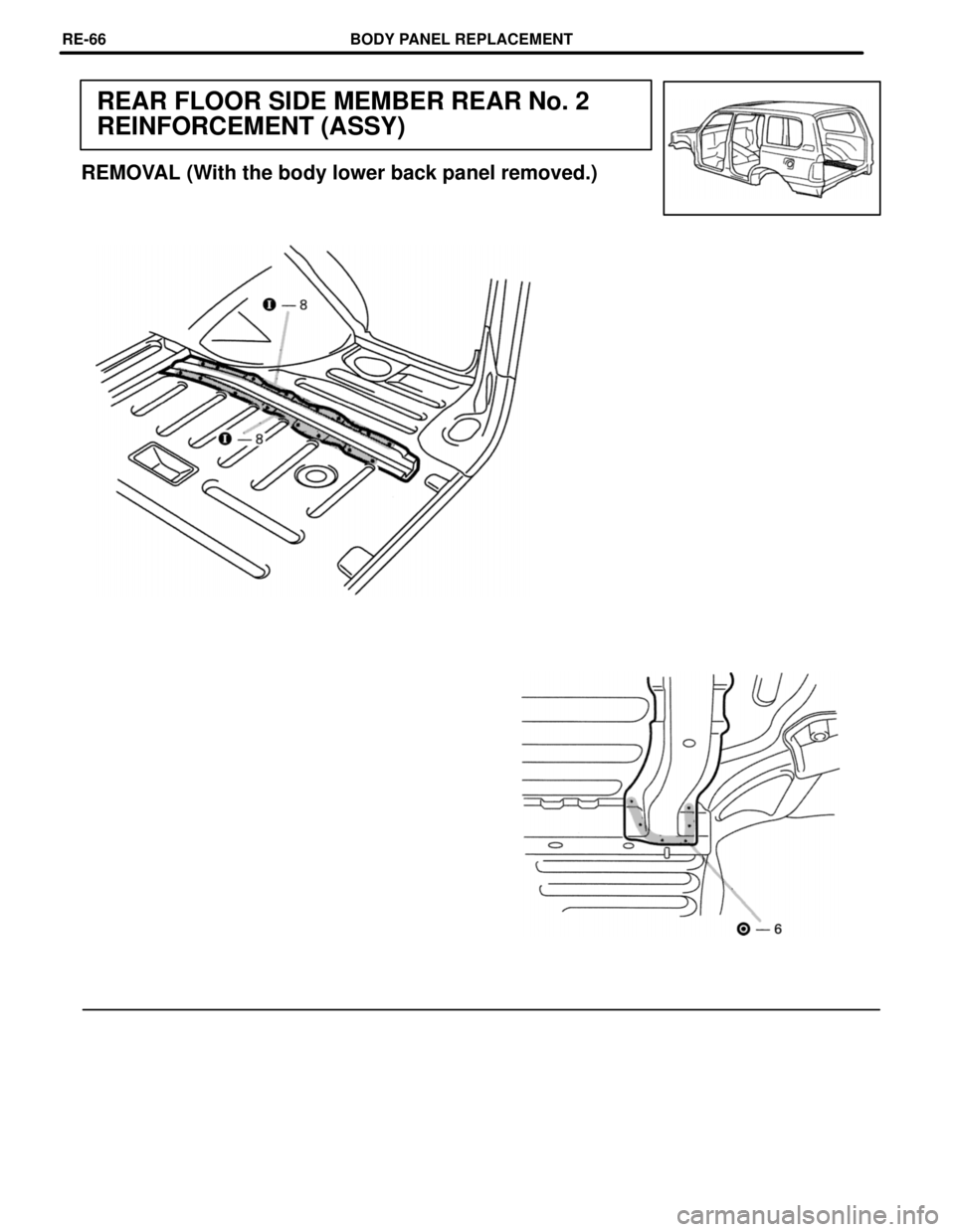 TOYOTA LAND CRUISER 1998  Factory Repair Manual REAR FLOOR SIDE MEMBER REAR No. 2
REINFORCEMENT (ASSY)
REMOVAL (With the body lower back panel removed.)
BODY PANEL REPLACEMENTRE-66 