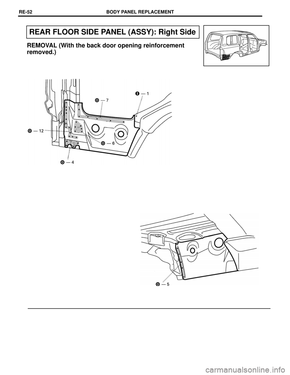 TOYOTA LAND CRUISER 1998  Factory Repair Manual REAR FLOOR SIDE PANEL (ASSY): Right Side
REMOVAL (With the back door opening reinforcement
removed.)
BODY PANEL REPLACEMENTRE-52 