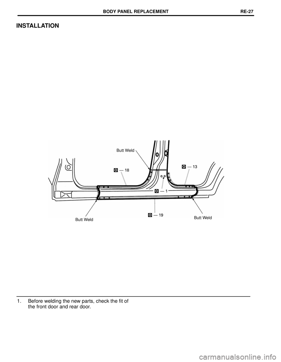 TOYOTA LAND CRUISER 1998  Factory Repair Manual INSTALLATION
Butt Weld
Butt Weld
Butt Weld
1. Before welding the new parts, check the fit of
the front door and rear door.
BODY PANEL REPLACEMENTRE-27 