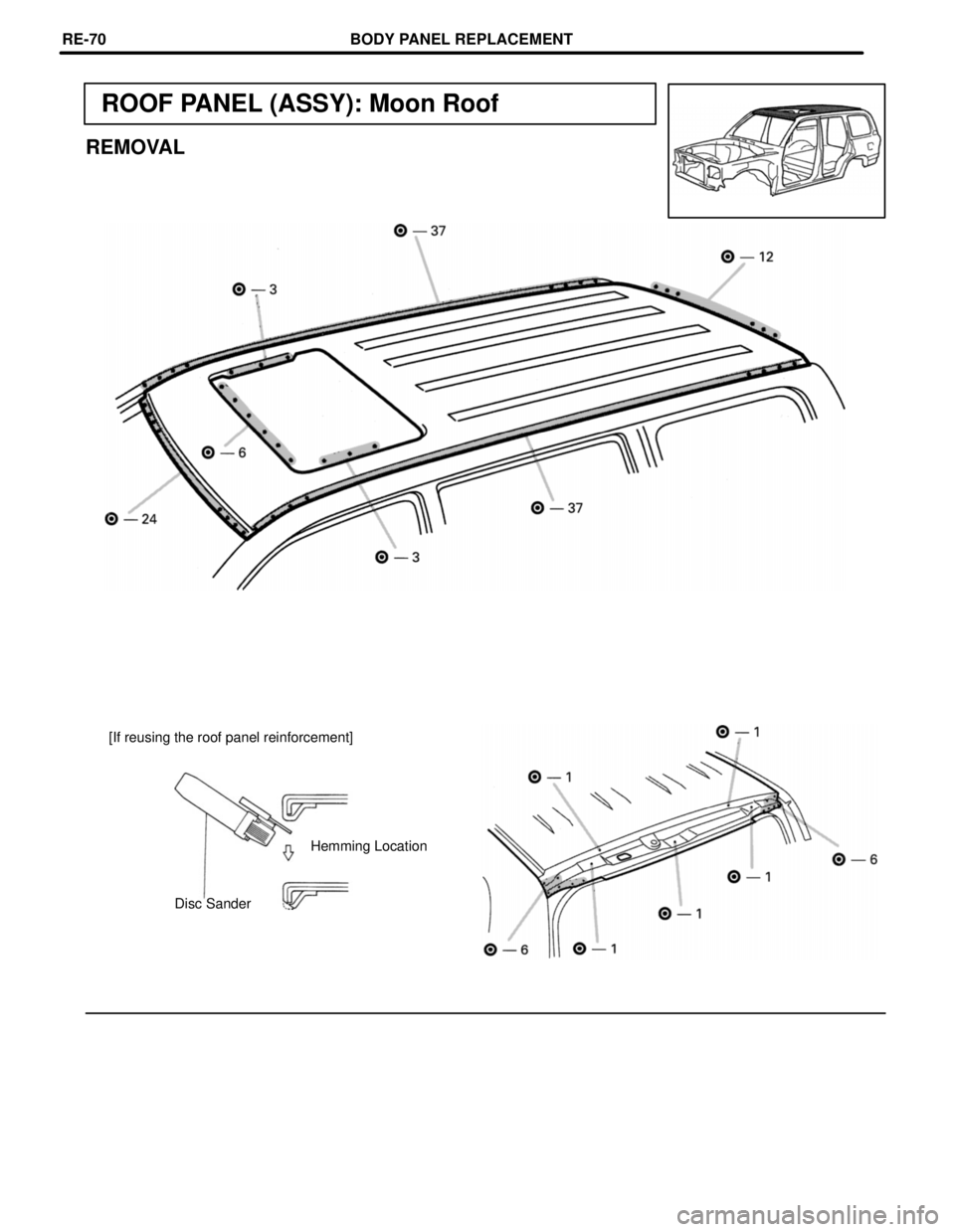TOYOTA LAND CRUISER 1998  Factory Repair Manual ROOF PANEL (ASSY): Moon Roof
REMOVAL
[If reusing the roof panel reinforcement]
Hemming Location
Disc Sander
BODY PANEL REPLACEMENTRE-70 