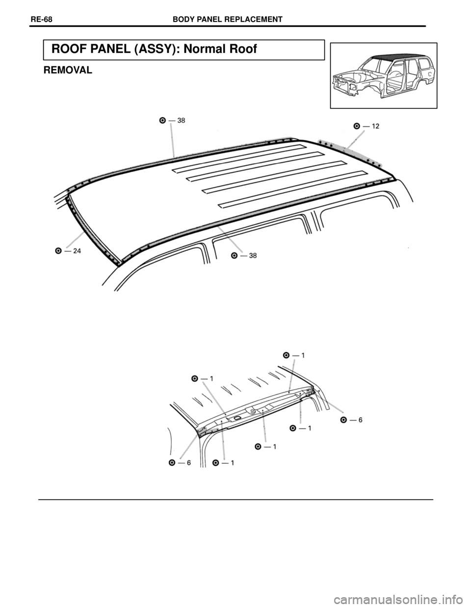 TOYOTA LAND CRUISER 1998  Factory Repair Manual ROOF PANEL (ASSY): Normal Roof
REMOVAL
BODY PANEL REPLACEMENTRE-68 