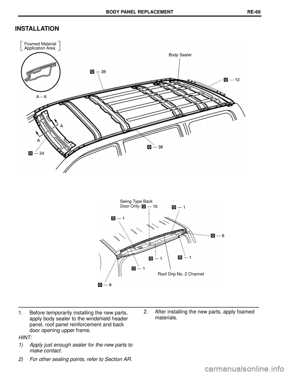 TOYOTA LAND CRUISER 1998  Factory Repair Manual INSTALLATION
Foamed Material
Application Area
Body Sealer
Swing Type Back
Door Only:
Roof Drip No. 2 Channel
1. Before temporarily installing the new parts,
apply body sealer to the windshield header
