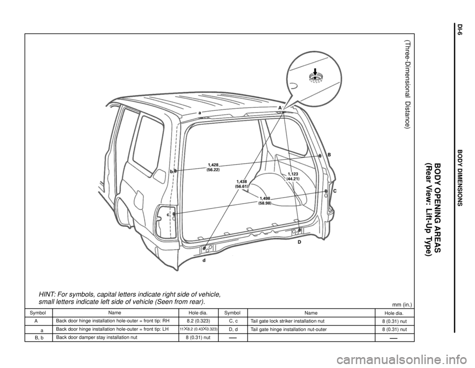 TOYOTA LAND CRUISER 1998  Factory Repair Manual HINT: For symbols, capital letters indicate right side of vehicle,
small letters indicate left side of vehicle (Seen from rear).
mm (in.)
(Three-Dimensional  Distance)
Hole dia.
8 (0.31) nut
8 (0.31) 
