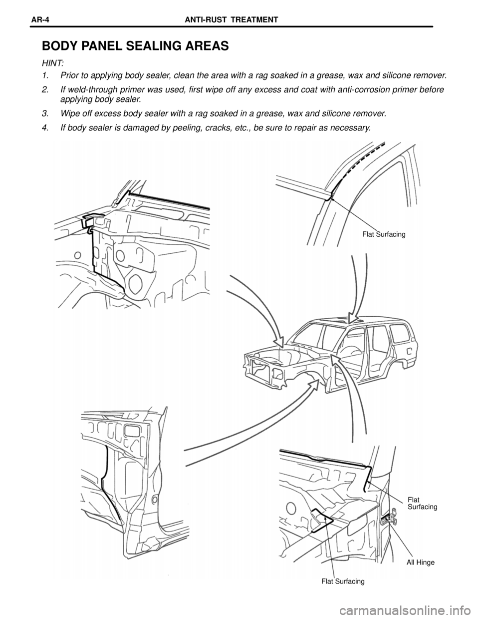 TOYOTA LAND CRUISER 1998  Factory Repair Manual BODY PANEL SEALING AREAS
HINT:
1. Prior to applying body sealer, clean the area with a rag soaked in a grease, wax and silicone remover.
2. If weld-through primer was used, first wipe off any excess a