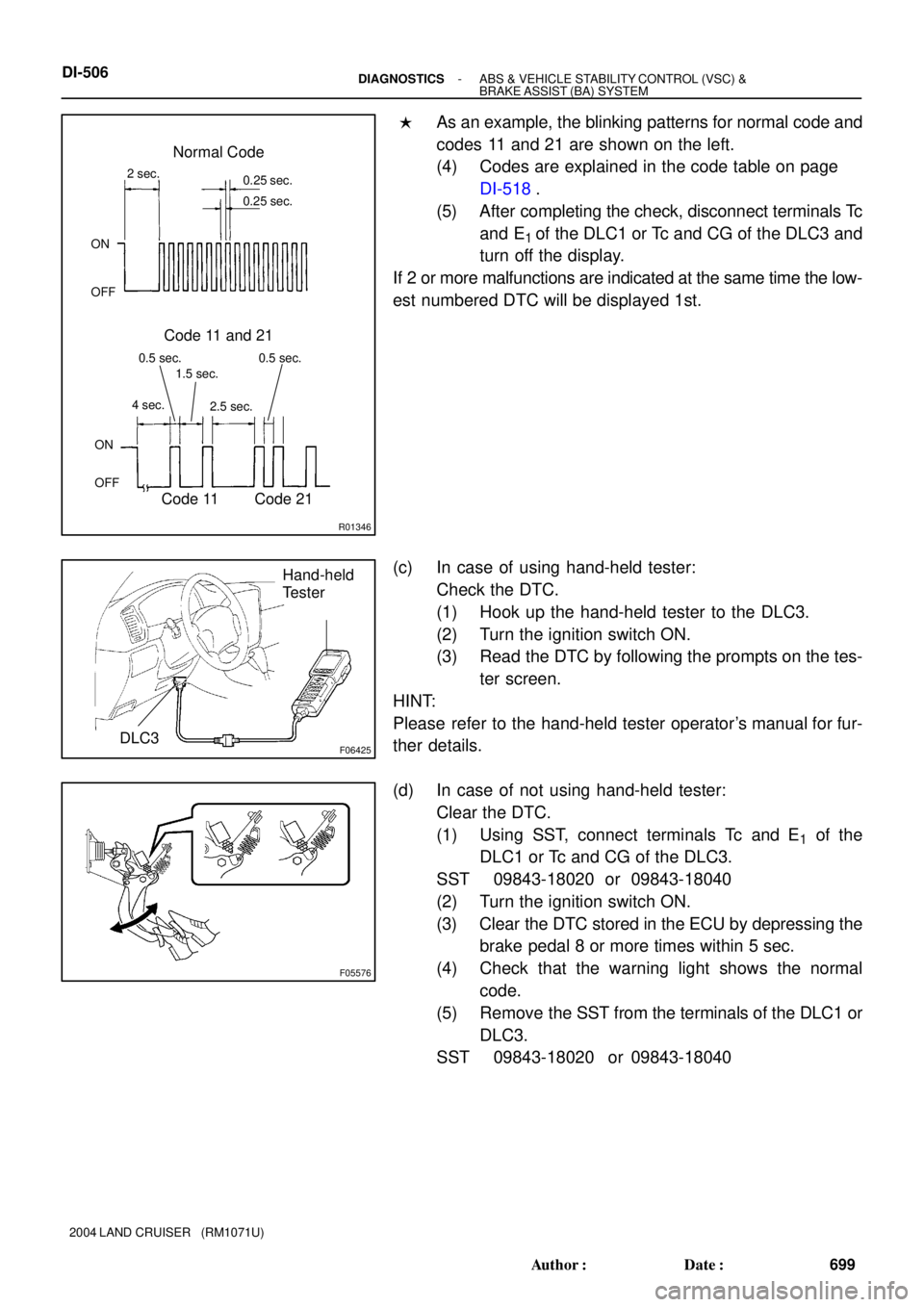 TOYOTA LAND CRUISER 1998  Factory Repair Manual R01346
Normal Code
0.25 sec.
0.25 sec. 2 sec.
ON
OFF
ON
OFF0.5 sec. 0.5 sec.
Code 11 and 21
4 sec.1.5 sec.
2.5 sec.
Code 11 Code 21
F06425
Hand-held
Tester
DLC3
F05576
DI-506- DIAGNOSTICSABS & VEHICLE