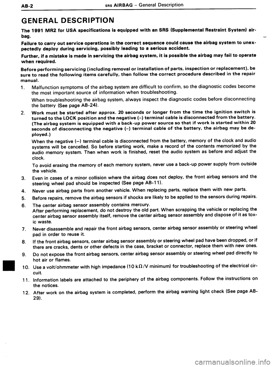 TOYOTA MR-2 1991  Factory Repair Manual 