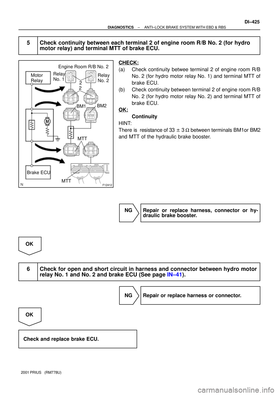 TOYOTA PRIUS 2001  Service Repair Manual F12412
Relay
No. 1
2
Brake ECU
MTT Motor 
RelayRelay
No. 2 Engine Room R/B No. 2
MTT
2
BM1BM2
± DIAGNOSTICSANTI±LOCK BRAKE SYSTEM WITH EBD & RBS
DI±425
2001 PRIUS   (RM778U)
5 Check continuity betw