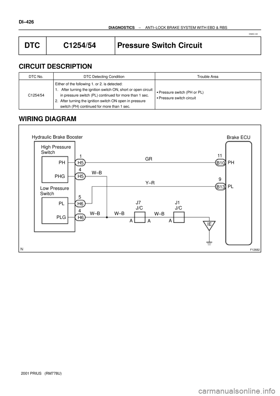 TOYOTA PRIUS 2001  Service Repair Manual F12682
High Pressure 
Switch
H5
H6 Hydraulic Brake Booster
W±B W±B W±B 5
A 1
IE GR
J1 
J/C Y±R 4
49 B1011Brake ECU
PL PH
B13 H5
H6J7 
J/C
A A PL PH
PLG PHG
Low Pressure 
SwitchW±B DI±426
± DIAG