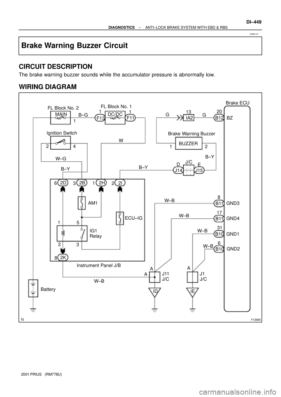 TOYOTA PRIUS 2001  Service Repair Manual F12685
ECU±IG12
W±B20
GND1 IG1 
Relay FL Block No. 2
BUZZER Ignition Switch
83W
2 1G
4BZ
W±G
B11 6
Battery
IDB12
B10 13
B±YJ/C
J1 
J/C J11 
J/C 2D 2B
2I
2K2H
2
3 1
58
AM1
31 2
W±B B±Y
Instrument