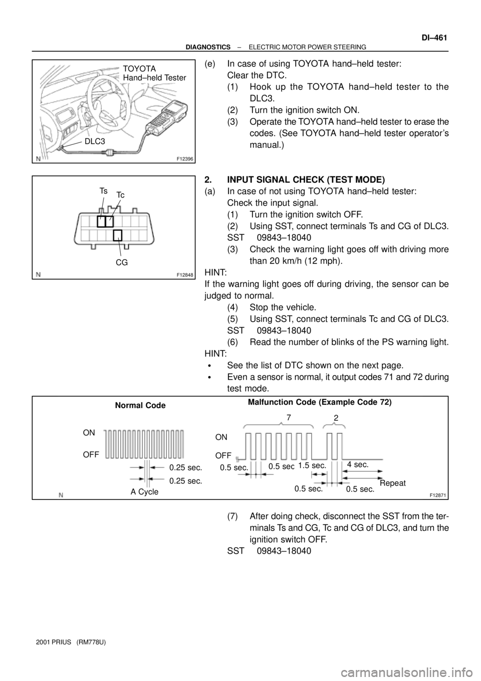 TOYOTA PRIUS 2001  Service Repair Manual F12396
TOYOTA
Hand±held Tester
DLC3
F12848
Tc
CG
Ts
F12871
Malfunction Code (Example Code 72)
7
2
ON
OFF
0.5 sec. 0.5 sec.
0.5 sec.
1.5 sec.4 sec.
Repeat
0.5 sec. ON
OFF
0.25 sec.
0.25 sec. Normal Co