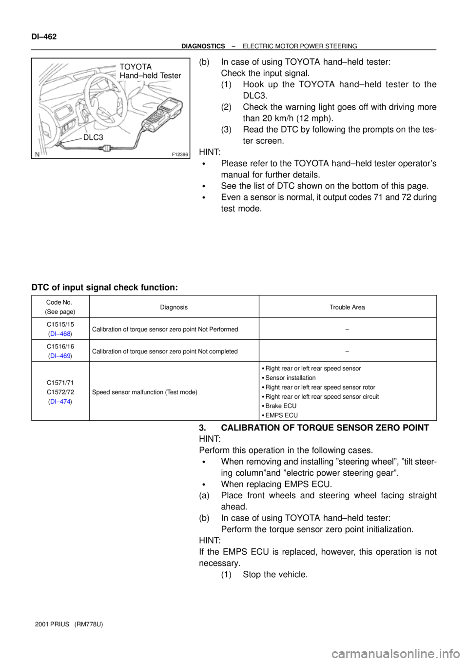 TOYOTA PRIUS 2001  Service Repair Manual F12396
TOYOTA
Hand±held Tester
DLC3
DI±462
± DIAGNOSTICSELECTRIC MOTOR POWER STEERING
2001 PRIUS   (RM778U)
(b) In case of using TOYOTA hand±held tester:
Check the input signal.
(1) Hook up the TO