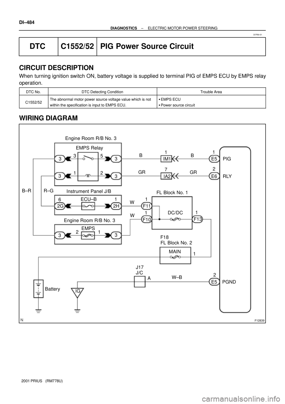TOYOTA PRIUS 2001  Service Repair Manual F12839
PIG
RLY E5
E61
2 B
GR IM1
IA21
7 B
GR 3
3 3
31 35
2 EMPS Relay
R±G B±R
Instrument Panel J/B
ECU±B
6
2G 2H1
W
F111
F101
WFL Block No. 1
DC/DC
F131
Engine Room R/B No. 3
3
321EMPS
FL Block No.