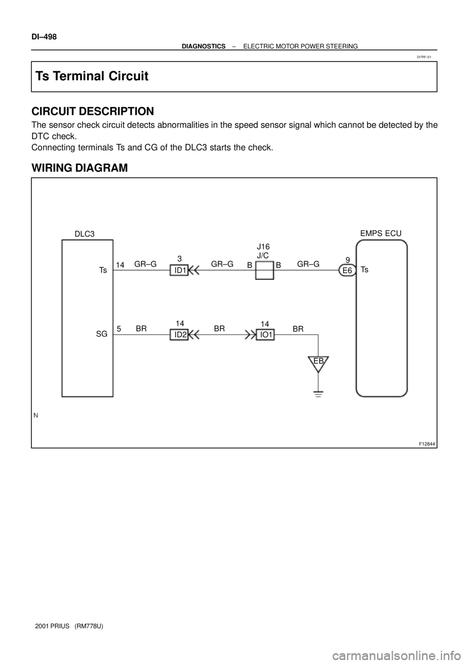 TOYOTA PRIUS 2001  Service Repair Manual F12844
EMPS ECU
Ts
E69
B BJ16 
J/C
3
ID1 GR±G
14
Ts
5
SGBR14
ID2BR
BR 14
IO1
EB DLC3
GR±G GR±G DI±498
± DIAGNOSTICSELECTRIC MOTOR POWER STEERING
2001 PRIUS   (RM778U)
Ts Terminal Circuit
CIRCUIT 