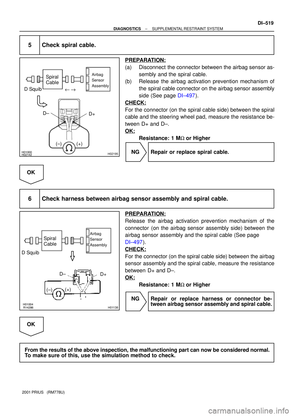 TOYOTA PRIUS 2001  Service Repair Manual H01000H02142H02195
D SquibSpiral 
Cable
Airbag 
Sensor 
Assembly
D+ u"
(±) (+) D±
R14286H01004H01138
D SquibSpiral
Cable
Airbag
Sensor
Assembly
D+
(±)(+)D±
± DIAGNOSTICSSUPPLEMENTAL RESTRAINT SYS
