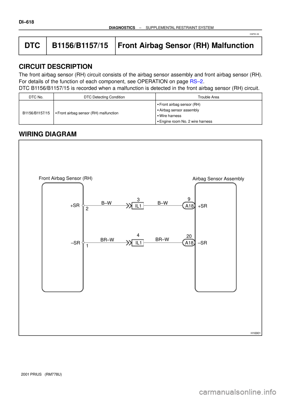 TOYOTA PRIUS 2001  Service Repair Manual H16901
Airbag Sensor Assembly Front Airbag Sensor (RH)
+SR
±SR A18
A189
20 B±W
BR±W IL13
4 B±W
BR±W 2
1 +SR
±SR IL1 DI±618
± DIAGNOSTICSSUPPLEMENTAL RESTRAINT SYSTEM
2001 PRIUS   (RM778U)
DTC 