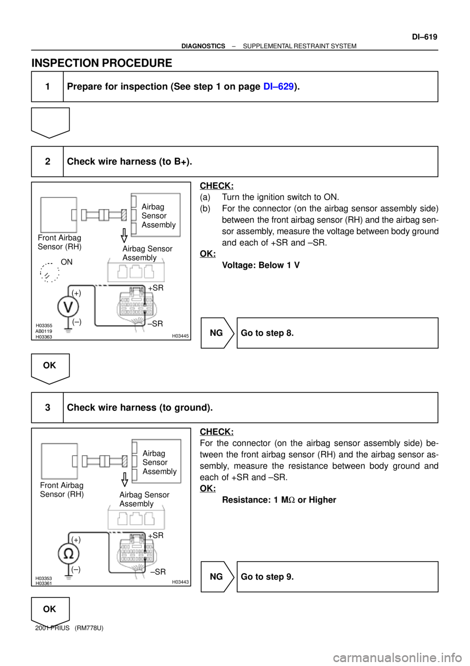 TOYOTA PRIUS 2001  Service Repair Manual H03363
H03355AB0119H03445
Airbag 
Sensor 
Assembly
Front Airbag 
Sensor (RH)
(+)+SR
(±)
±SR Airbag Sensor 
Assembly
ON
H03361H03353H03443
Airbag 
Sensor 
Assembly
Front Airbag 
Sensor (RH)
(+)+SR
(