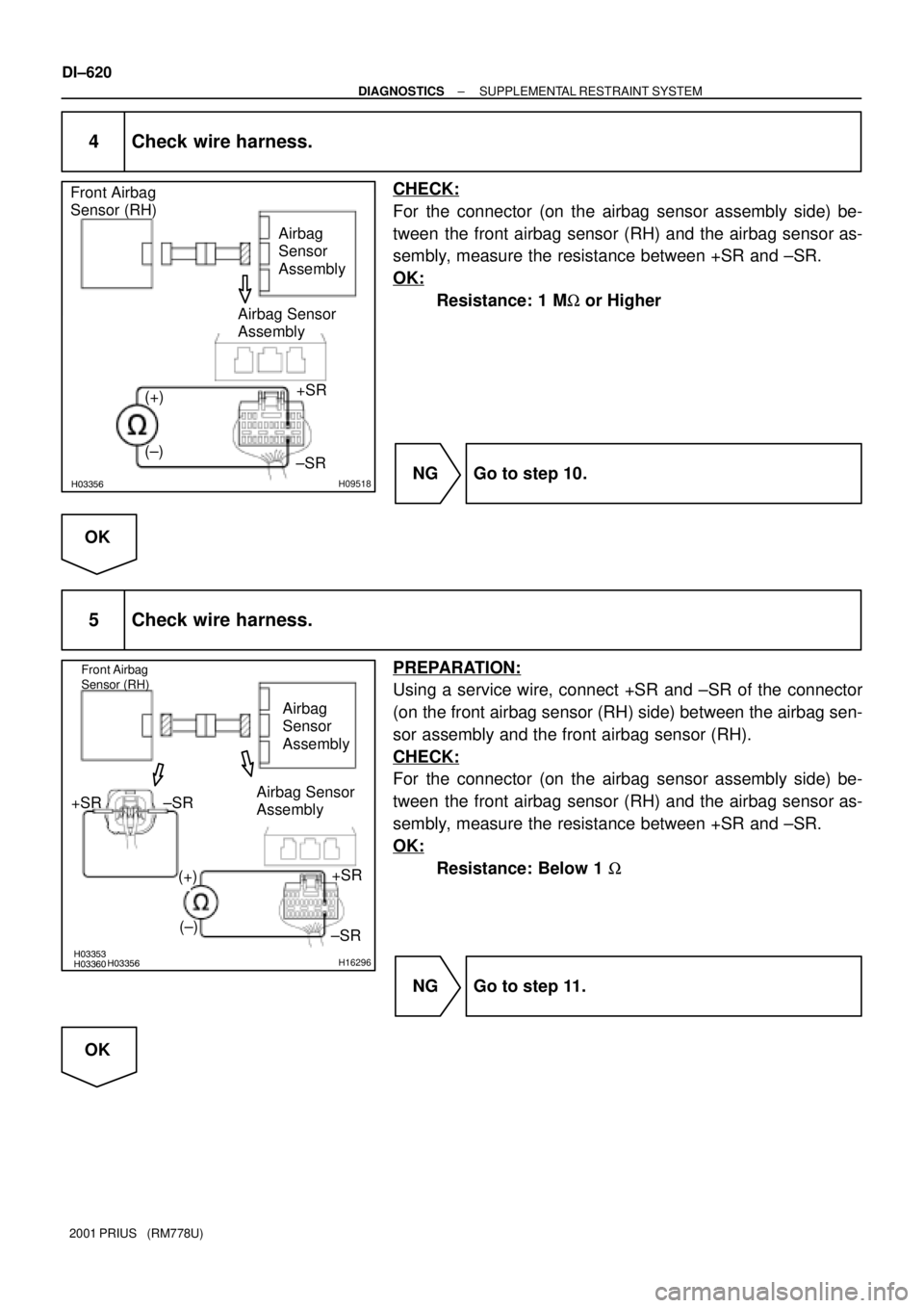 TOYOTA PRIUS 2001  Service Repair Manual H03355H03356H09518
Airbag 
Sensor 
Assembly Front Airbag 
Sensor (RH)
(+)+SR
(±)
±SR Airbag Sensor 
Assembly
H03353H03356H03360H16296
Front Airbag 
Sensor (RH)
Airbag 
Sensor 
Assembly
(+)+SR Airbag