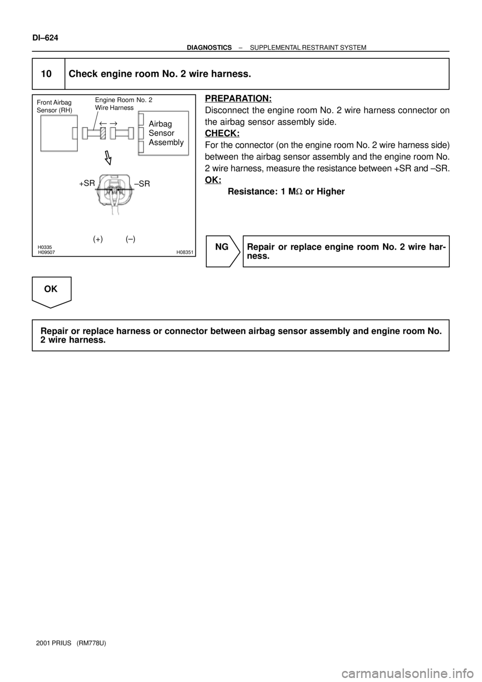 TOYOTA PRIUS 2001  Service Repair Manual H03354H09507H08351
Airbag 
Sensor 
Assembly
Front Airbag 
Sensor (RH)
(±) +SR
±SR
Engine Room No. 2
Wire Harness
(+)
u "
DI±624
± DIAGNOSTICSSUPPLEMENTAL RESTRAINT SYSTEM
2001 PRIUS   (RM778U)
10 