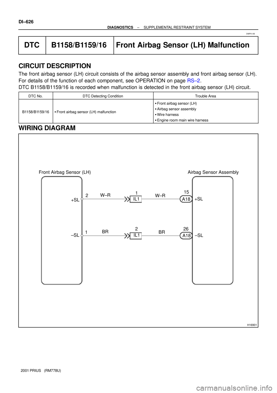 TOYOTA PRIUS 2001  Service Repair Manual H16901
Airbag Sensor Assembly Front Airbag Sensor (LH)
+SL
±SL A1815
26 2
1 +SLIL1
±SL IL121
A18 W±R
BR
BR W±R DI±626
± DIAGNOSTICSSUPPLEMENTAL RESTRAINT SYSTEM
2001 PRIUS   (RM778U)
DTC B1158/B