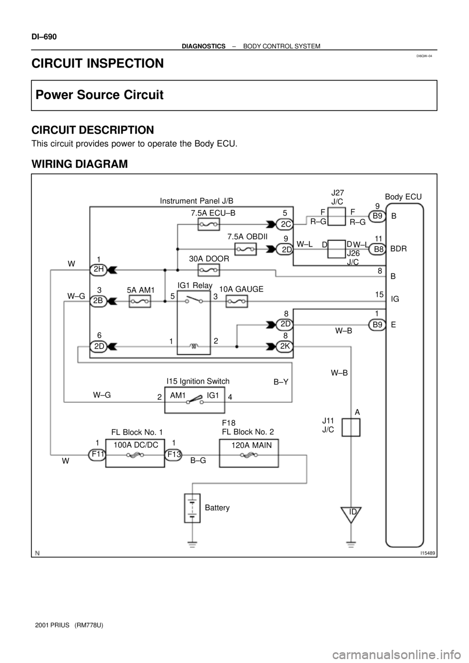 TOYOTA PRIUS 2001  Service Repair Manual DI6QW±04
I15489
Body ECU
B B9
B8
1 5
8 11
159
8
8
2
13 5 3 1
6
24
1 1BDR F
FJ27 
J/C
W±B
W±B
B±GB±Y
W±G W±GWR±G
2C
2D
2K 2B2H
2D10A GAUGE IG1 Relay30A DOOR7.5A ECU±B
5A AM1
J11 
J/C
ID Batter