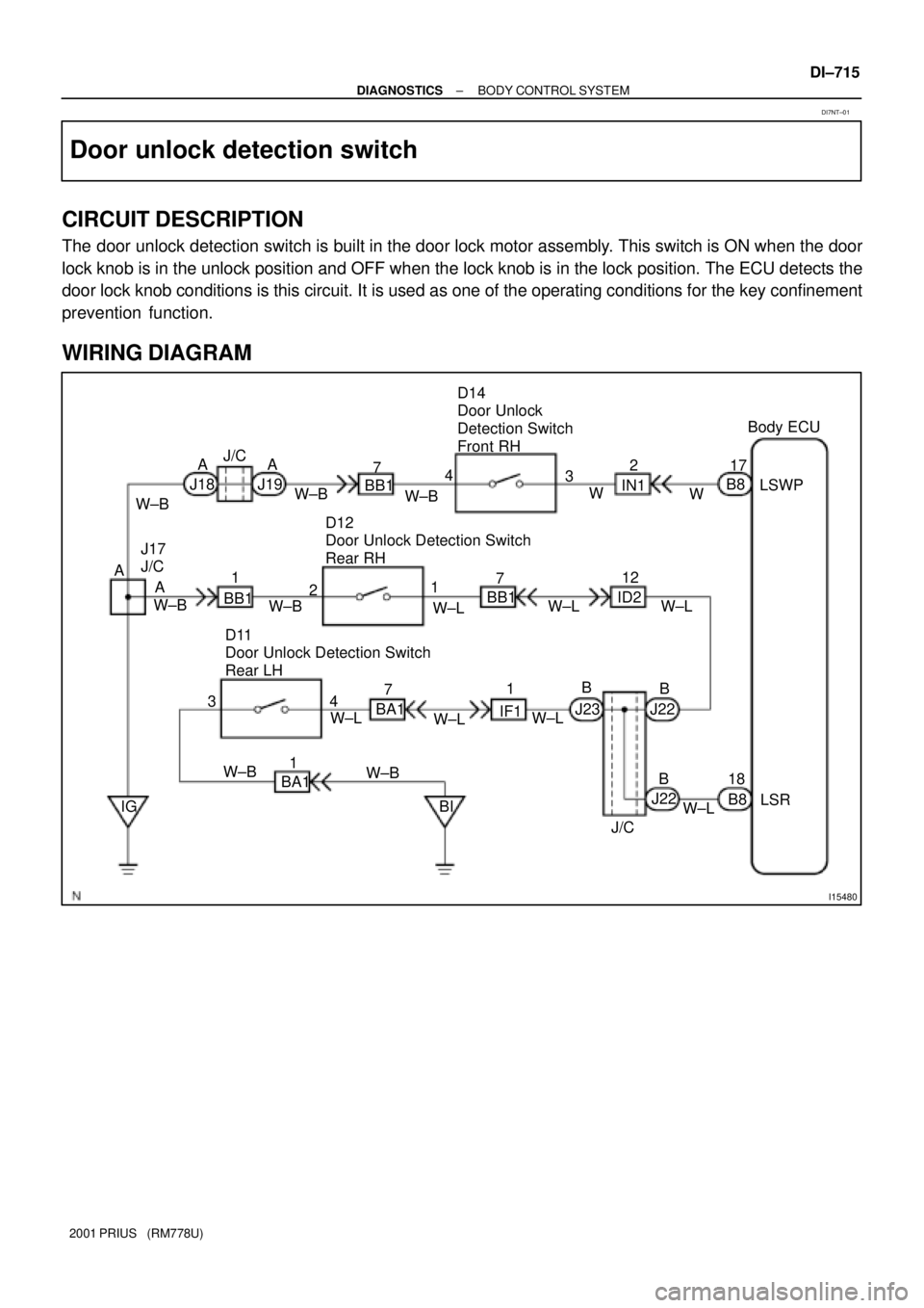 TOYOTA PRIUS 2001  Service Repair Manual I15480
17 2
3 4 7
1
1
1
347
1
18 12
7
2W A
IGA
A
A
B
B
BLSWP B8
IN1 BB1 J19 J18
BB1ID2
J22
J22
B8 J23
IF1 BA1
BA1
BIBB1Body ECU
W±B
W±LW
W±B
W±B
W±B
W±B W±L W±L
W±L
W±L W±L
W±B
W±B
W±LLS