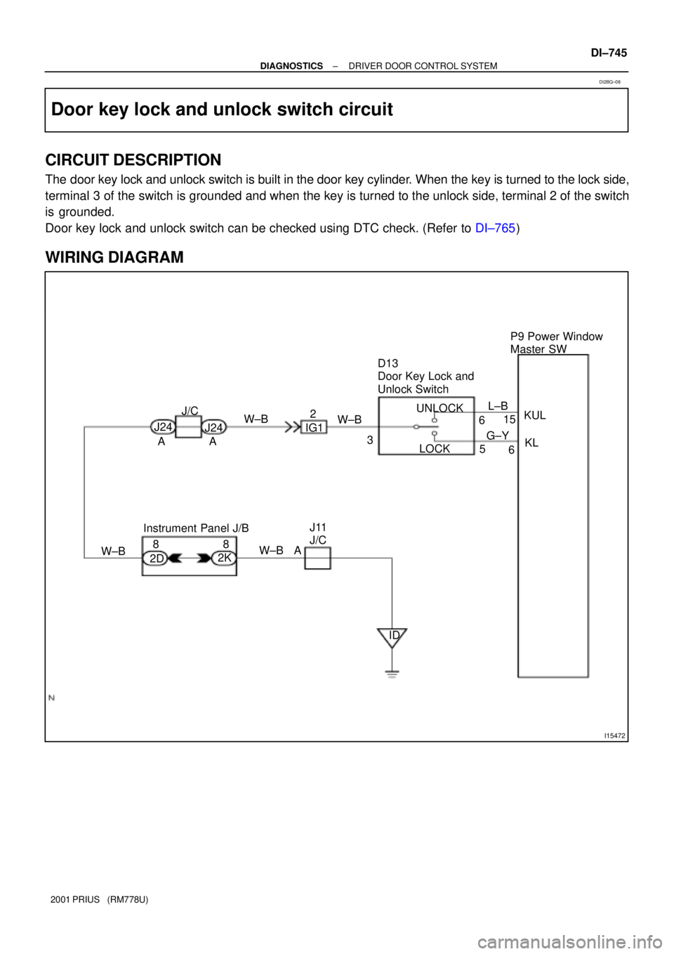 TOYOTA PRIUS 2001  Service Repair Manual I15472
KUL D13
Door Key Lock and 
Unlock Switch
5 615
3 W±B
AIG1 J242P9 Power Window 
Master SW
W±B
A J24
Instrument Panel J/BJ11
J/C
ID 8
2D W±BW±B A 8
2KKL
6 L±B
G±Y UNLOCK
LOCK J/C
± DIAGNOS