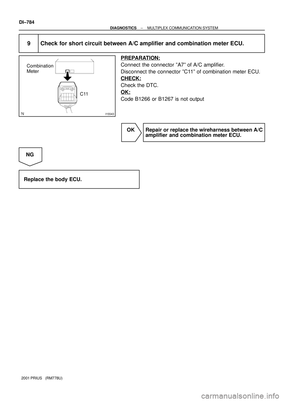 TOYOTA PRIUS 2001  Service Repair Manual I15543
Combination
Meter
C11
DI±784
± DIAGNOSTICSMULTIPLEX COMMUNICATION SYSTEM
2001 PRIUS   (RM778U)
9 Check for short circuit between A/C amplifier and combination meter ECU.
PREPARATION:
Connect 