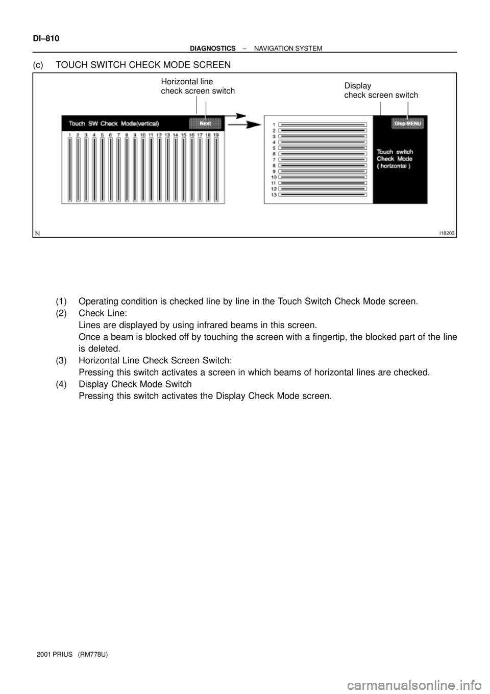 TOYOTA PRIUS 2001  Service Repair Manual I18203
Display 
check screen switchHorizontal line 
check screen switch
DI±810
± DIAGNOSTICSNAVIGATION SYSTEM
2001 PRIUS   (RM778U)
(c) TOUCH SWITCH CHECK MODE SCREEN
(1) Operating condition is chec