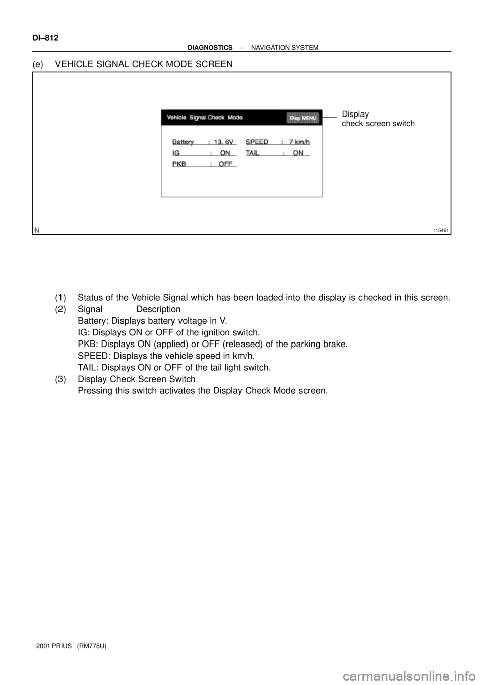 TOYOTA PRIUS 2001  Service Repair Manual I15461
Display 
check screen switch
DI±812
± DIAGNOSTICSNAVIGATION SYSTEM
2001 PRIUS   (RM778U)
(e) VEHICLE SIGNAL CHECK MODE SCREEN
(1) Status of the Vehicle Signal which has been loaded into the d
