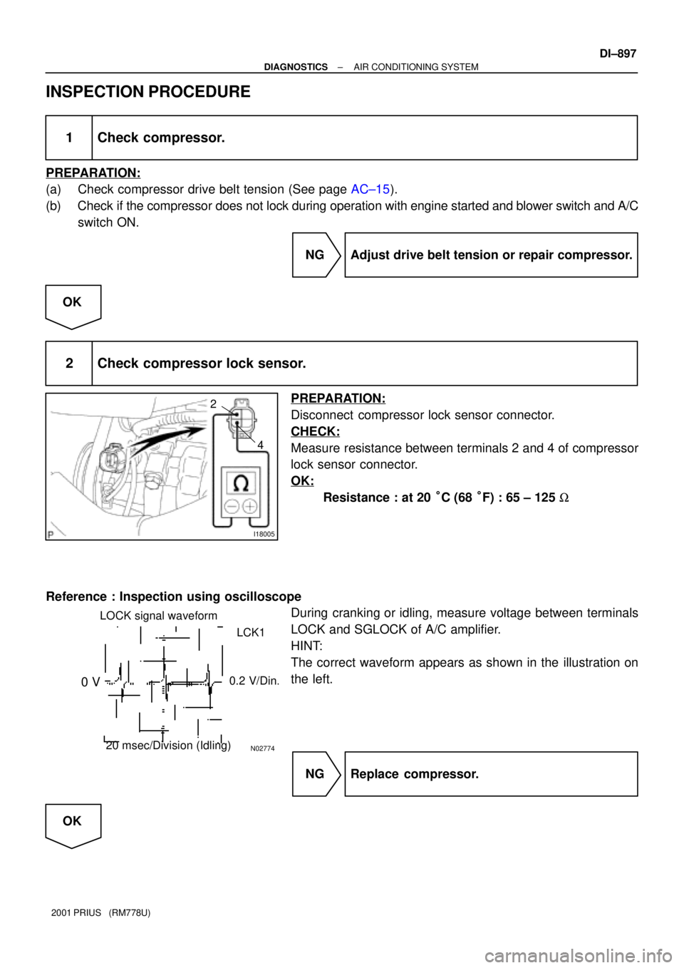 TOYOTA PRIUS 2001  Service Repair Manual I18005
2
4
N02774
0.2 V/Din.0 V
20 msec/Division (Idling)LCK1 LOCK signal waveform
± DIAGNOSTICSAIR CONDITIONING SYSTEM
DI±897
2001 PRIUS   (RM778U)
INSPECTION PROCEDURE
1 Check compressor.
PREPARAT
