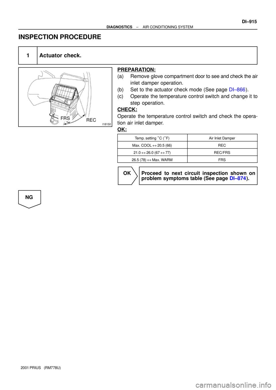 TOYOTA PRIUS 2001  Service Repair Manual I18150
FRSREC
± DIAGNOSTICSAIR CONDITIONING SYSTEM
DI±915
2001 PRIUS   (RM778U)
INSPECTION PROCEDURE
1 Actuator check.
PREPARATION:
(a) Remove glove compartment door to see and check the air
inlet d