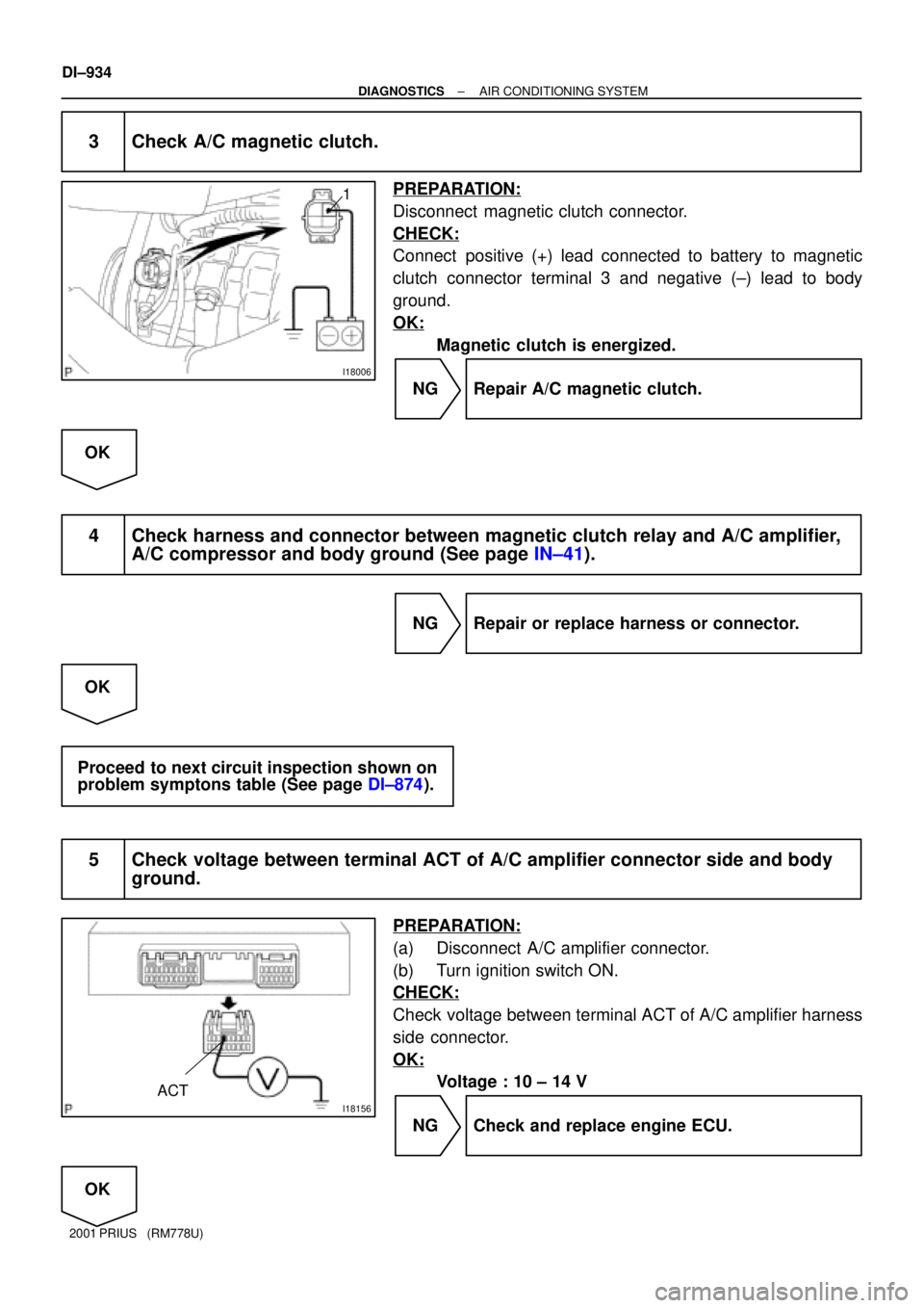 TOYOTA PRIUS 2001  Service Repair Manual I18006
1
I18156
ACT
DI±934
± DIAGNOSTICSAIR CONDITIONING SYSTEM
2001 PRIUS   (RM778U)
3 Check A/C magnetic clutch.
PREPARATION:
Disconnect  magnetic clutch connector.
CHECK:
Connect  positive (+) le