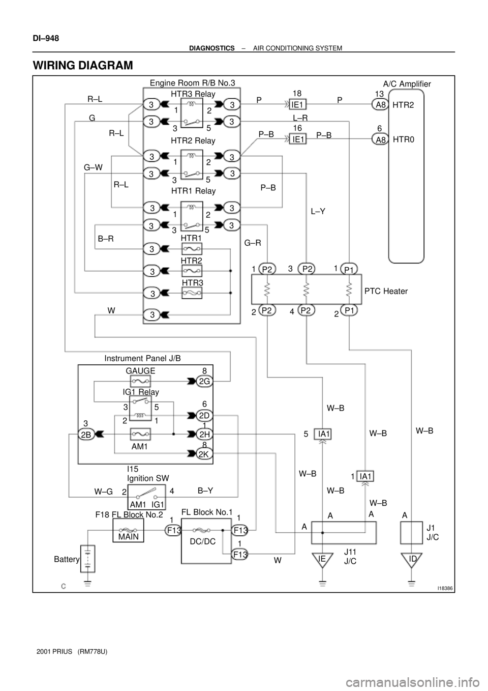 TOYOTA PRIUS 2001  Service Repair Manual I18386
A8 A8 13
6HTR2
HTR0 A/C Amplifier
P P
IE118
IE116 L±R
P±B
P±B
P±B
L±Y
G±R
1
23
41
2 P2
P2P2
P2P1
P1PTC Heater
W±B
W±B W±B
W±B
W±B
J11
J/CJ1
J/C AA
AA
IE ID IA1
IA1 Engine Room R/B No