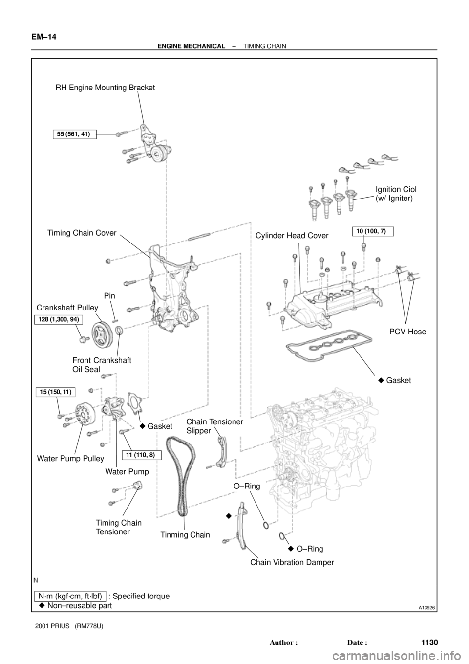 TOYOTA PRIUS 2001  Service Repair Manual A13926
N´m (kgf´cm, ft´lbf)
 Non±reusable part: Specified torque RH Engine Mounting Bracket
Timing Chain Cover
Cylinder Head CoverIgnition Ciol
(w/ Igniter)
PCV Hose
Front Crankshaft
Oil Seal Cra