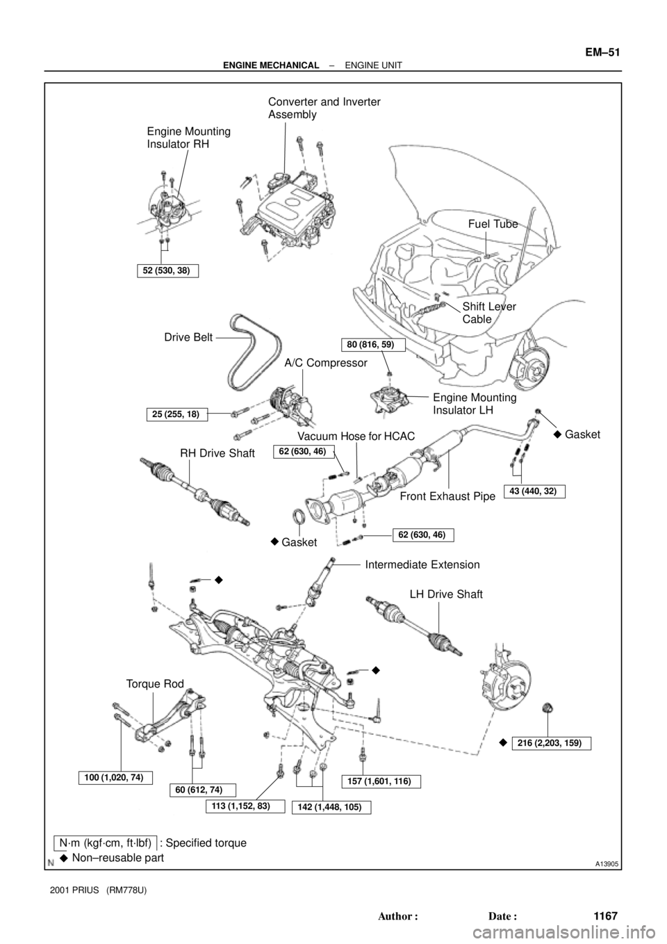TOYOTA PRIUS 2001  Service Repair Manual A13905
RH Drive ShaftA/C Compressor
Gasket Engine Mounting 
Insulator RH
Torque Rod
N´m (kgf´cm, ft´lbf) : Specified torqueEngine Mounting 
Insulator LH Drive Belt
25 (255, 18)
62 (630, 46)
216 (2,