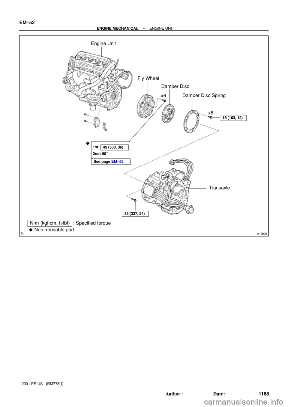 TOYOTA PRIUS 2001  Service Repair Manual A13906
N´m (kgf´cm, ft´lbf) : Specified torque
16 (163, 12)
Engine Unit
Fly Wheel
x6Damper Disc
x6 Damper Disc Spring
Transaxle
Non±reusable part

49 (500, 36)
See page EM±58 1st:
2nd: 90°
33 