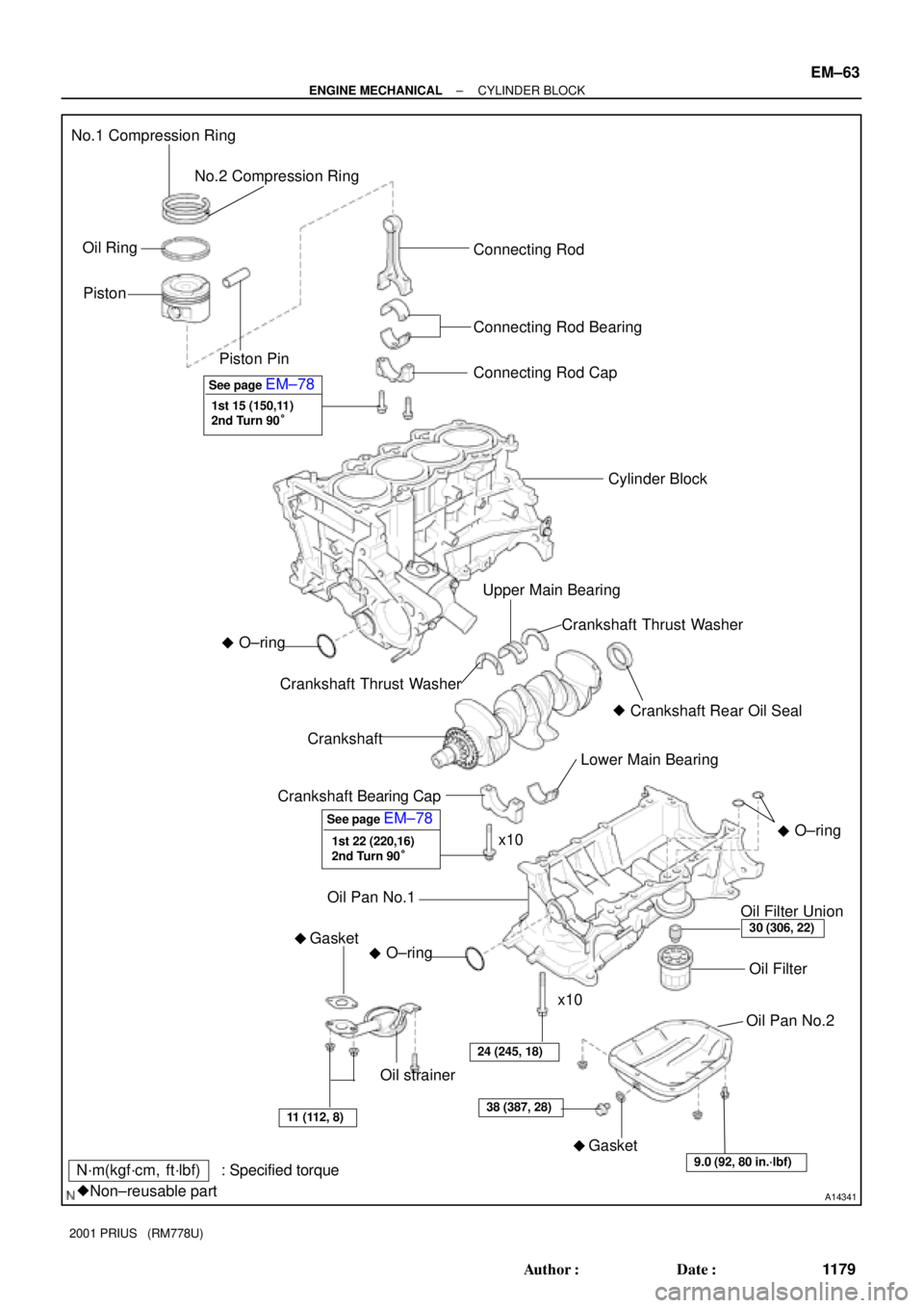 TOYOTA PRIUS 2001  Service Repair Manual A14341
No.1 Compression Ring
No.2 Compression Ring
Oil Ring
PistonConnecting Rod
Connecting Rod Bearing
 Crankshaft Rear Oil Seal
Lower Main Bearing Connecting Rod Cap
Cylinder Block
Upper Main Beari