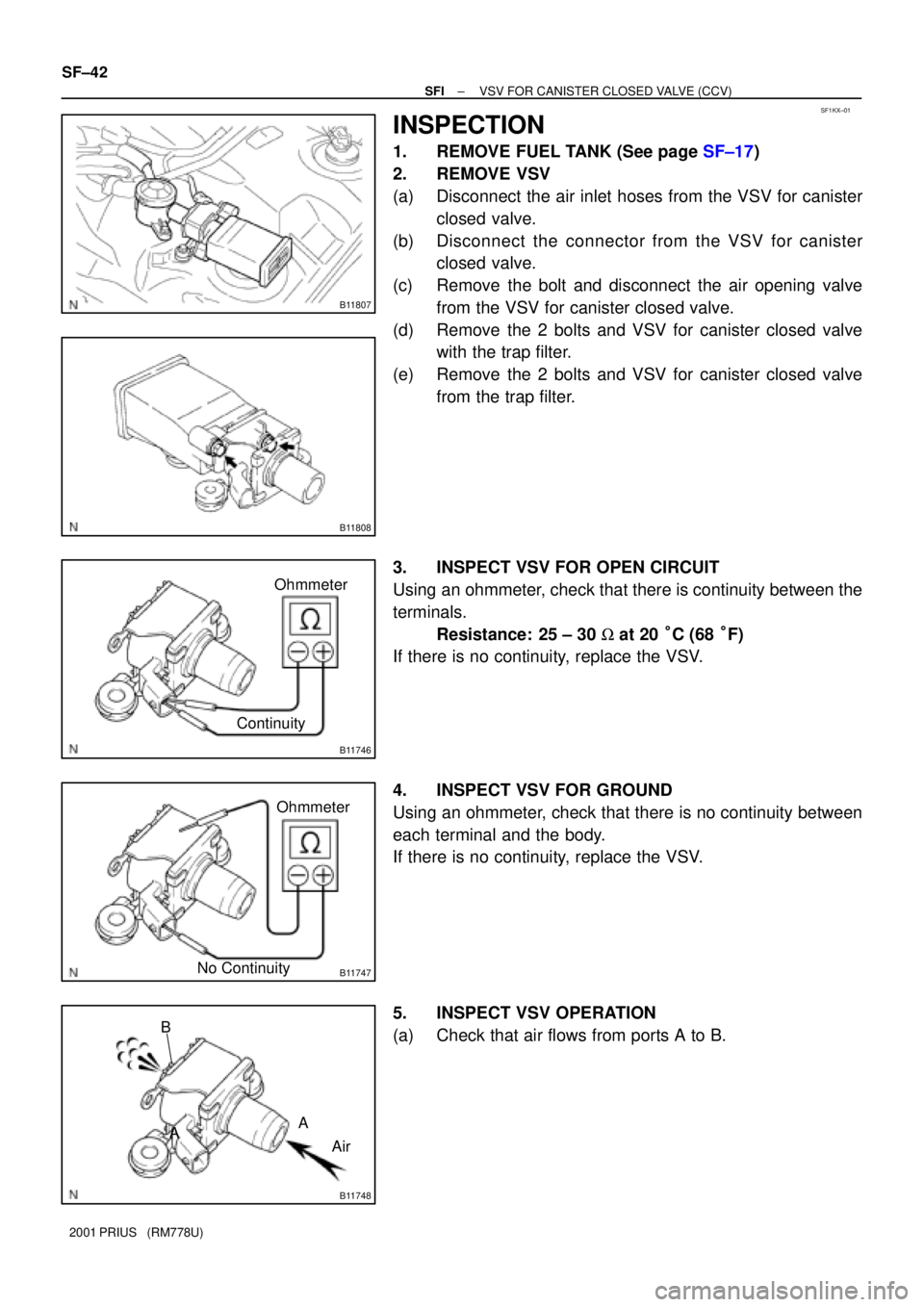 TOYOTA PRIUS 2001  Service Repair Manual B11807
SF1KX±01
B11808
B11746
Ohmmeter
Continuity
B11747
Ohmmeter
No Continuity
B11748
Air A B
A SF±42
± SFIVSV FOR CANISTER CLOSED VALVE (CCV)
2001 PRIUS   (RM778U)
INSPECTION
1. REMOVE FUEL TANK 
