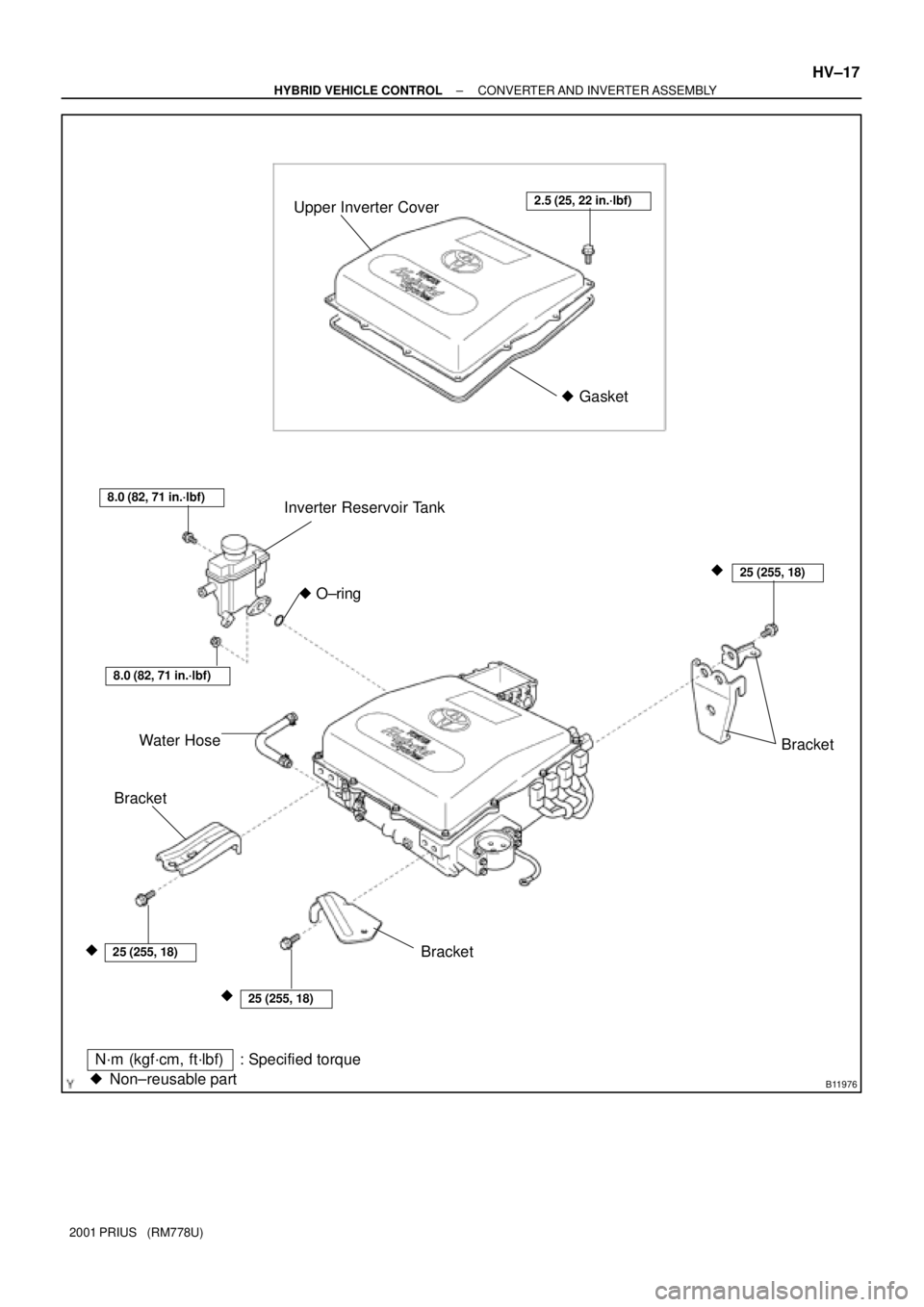 TOYOTA PRIUS 2001  Service Repair Manual B11976Non±reusable part
8.0 (82, 71 in.´lbf)
N´m (kgf´cm, ft´lbf) : Specified torqueWater Hose
25 (255, 18)
25 (255, 18)
25 (255, 18)
BracketBracket
Bracket O±ring Inverter Reservoir Tank
8.0 