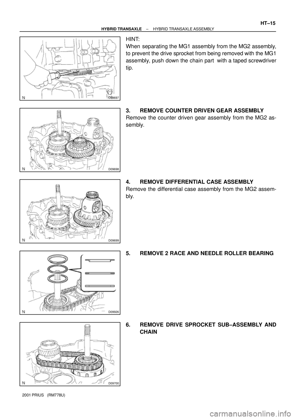 TOYOTA PRIUS 2001  Service Repair Manual D09697
D09698
D09699
D09926
D09700
± HYBRID TRANSAXLEHYBRID TRANSAXLE ASSEMBLY
HT±15
2001 PRIUS   (RM778U)
HINT:
When  separating the MG1 assembly from the MG2 assembly,
to prevent the drive sprocke