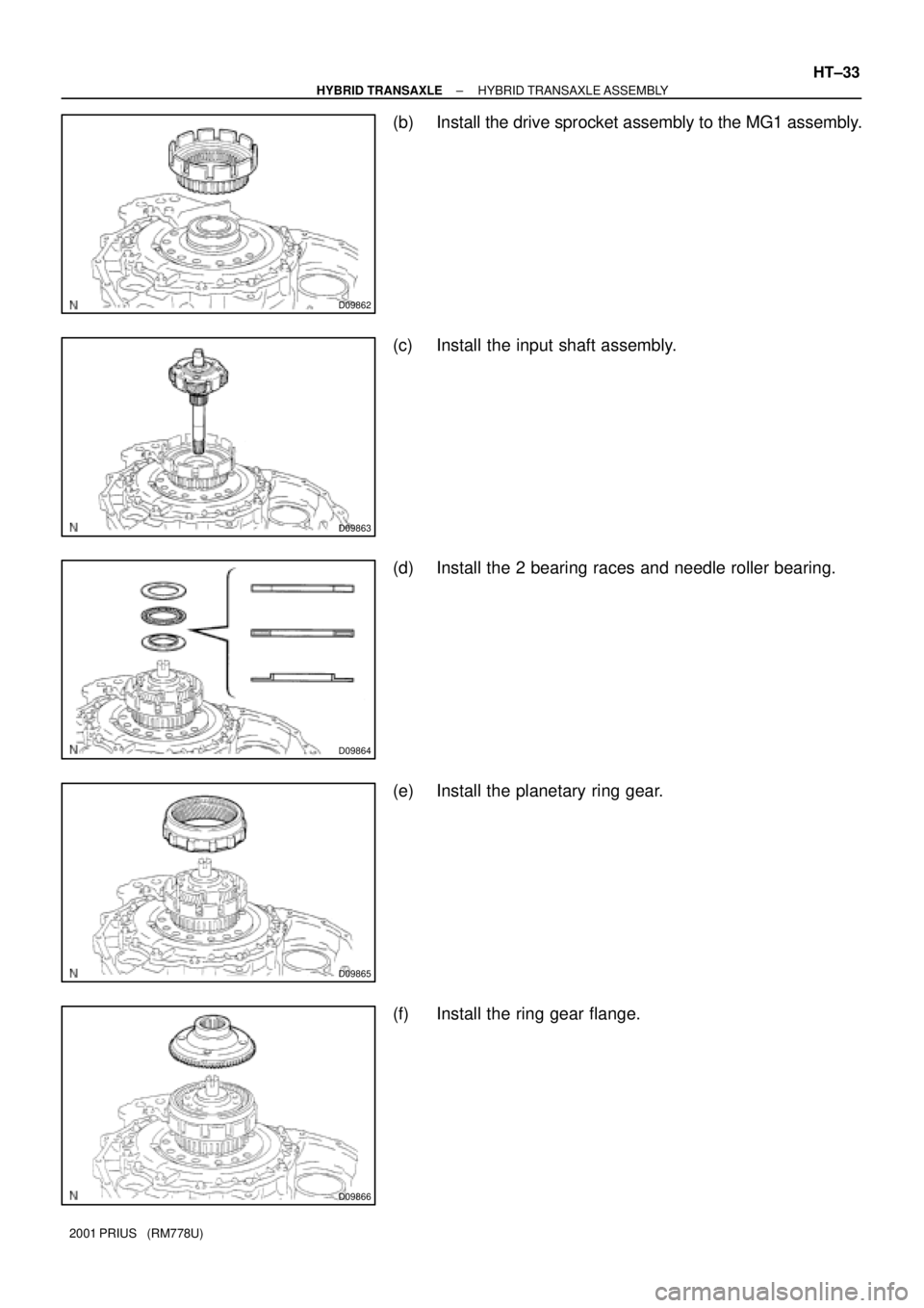 TOYOTA PRIUS 2001  Service Repair Manual D09862
D09863
D09864
D09865
D09866
± HYBRID TRANSAXLEHYBRID TRANSAXLE ASSEMBLY
HT±33
2001 PRIUS   (RM778U)
(b) Install the drive sprocket assembly to the MG1 assembly.
(c) Install the input shaft as