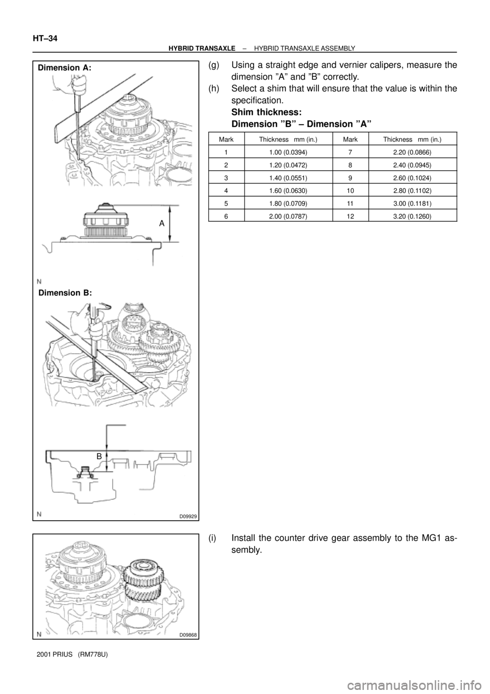 TOYOTA PRIUS 2001  Service Repair Manual D09929
Dimension A:
Dimension B:
BA
D09868
HT±34
± HYBRID TRANSAXLEHYBRID TRANSAXLE ASSEMBLY
2001 PRIUS   (RM778U)
(g) Using a straight edge and vernier calipers, measure the
dimension ºAº and ºB
