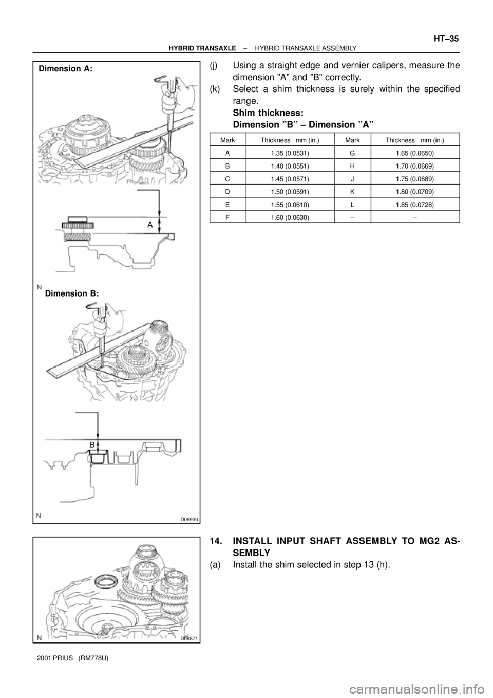 TOYOTA PRIUS 2001  Service Repair Manual D09930
Dimension A:
A
Dimension B:
B
D09871
± HYBRID TRANSAXLEHYBRID TRANSAXLE ASSEMBLY
HT±35
2001 PRIUS   (RM778U)
(j) Using a straight edge and vernier calipers, measure the
dimension ºAº and º