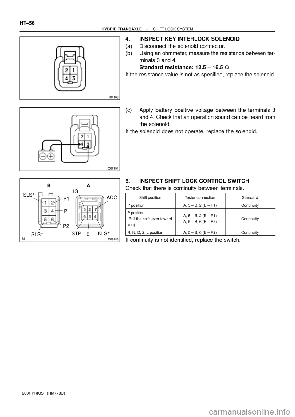 TOYOTA PRIUS 2001  Service Repair Manual I04108
Q07191
D09785
SLS+
STPACC IGA
E B
P1
P
P2
SLS±KLS+
HT±56
± HYBRID TRANSAXLESHIFT LOCK SYSTEM
2001 PRIUS   (RM778U)
4. INSPECT KEY INTERLOCK SOLENOID
(a) Disconnect the solenoid connector.
(b