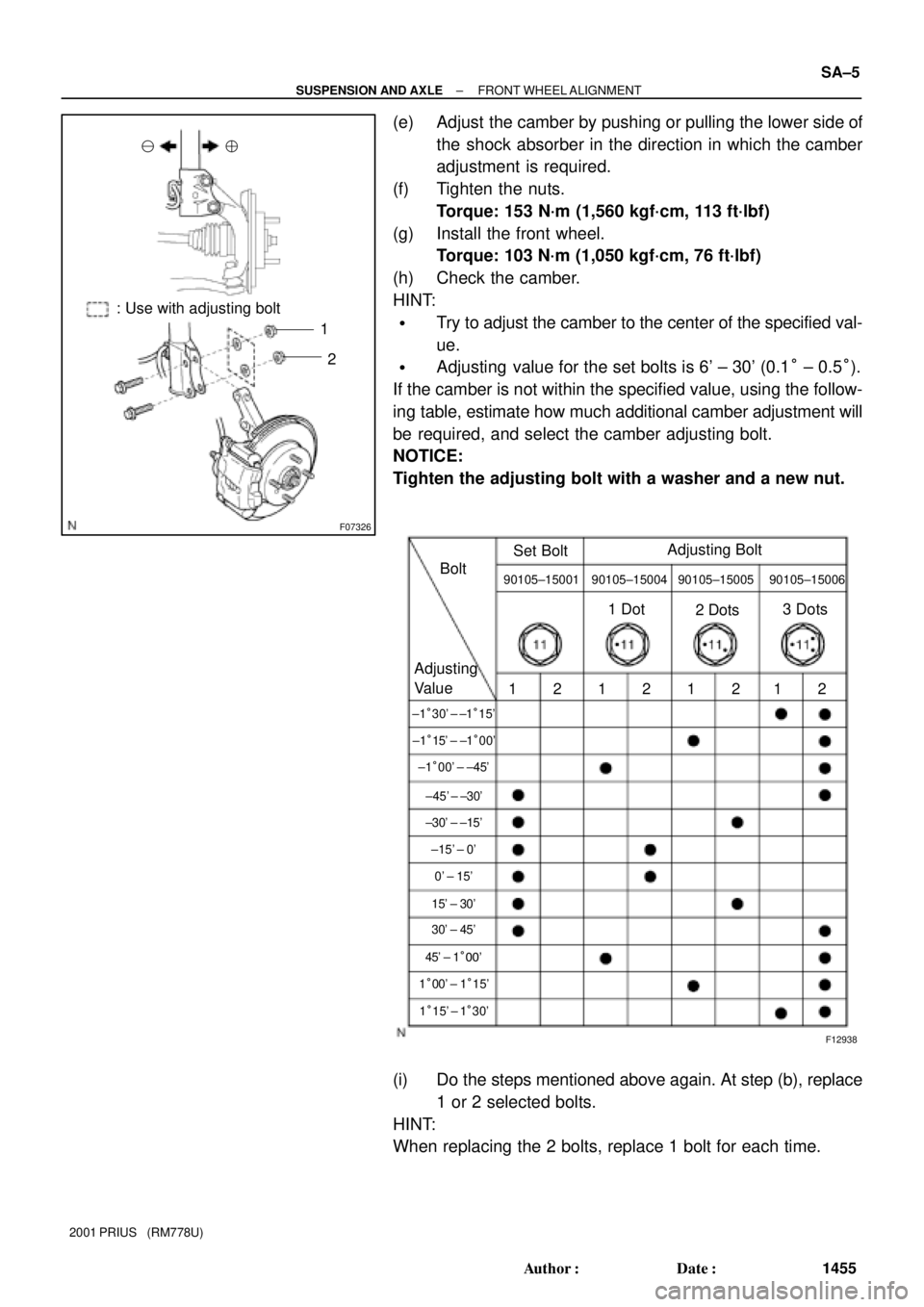 TOYOTA PRIUS 2001  Service Repair Manual F07326
 
1
2
: Use with adjusting bolt
F12938
Bolt
Adjusting
ValueSet BoltAdjusting Bolt90105±15001 90105±15004 90105±15005 90105±15006
121212121 Dot
2 Dots3 Dots
±1°30 ± ±1°15
±1°15 