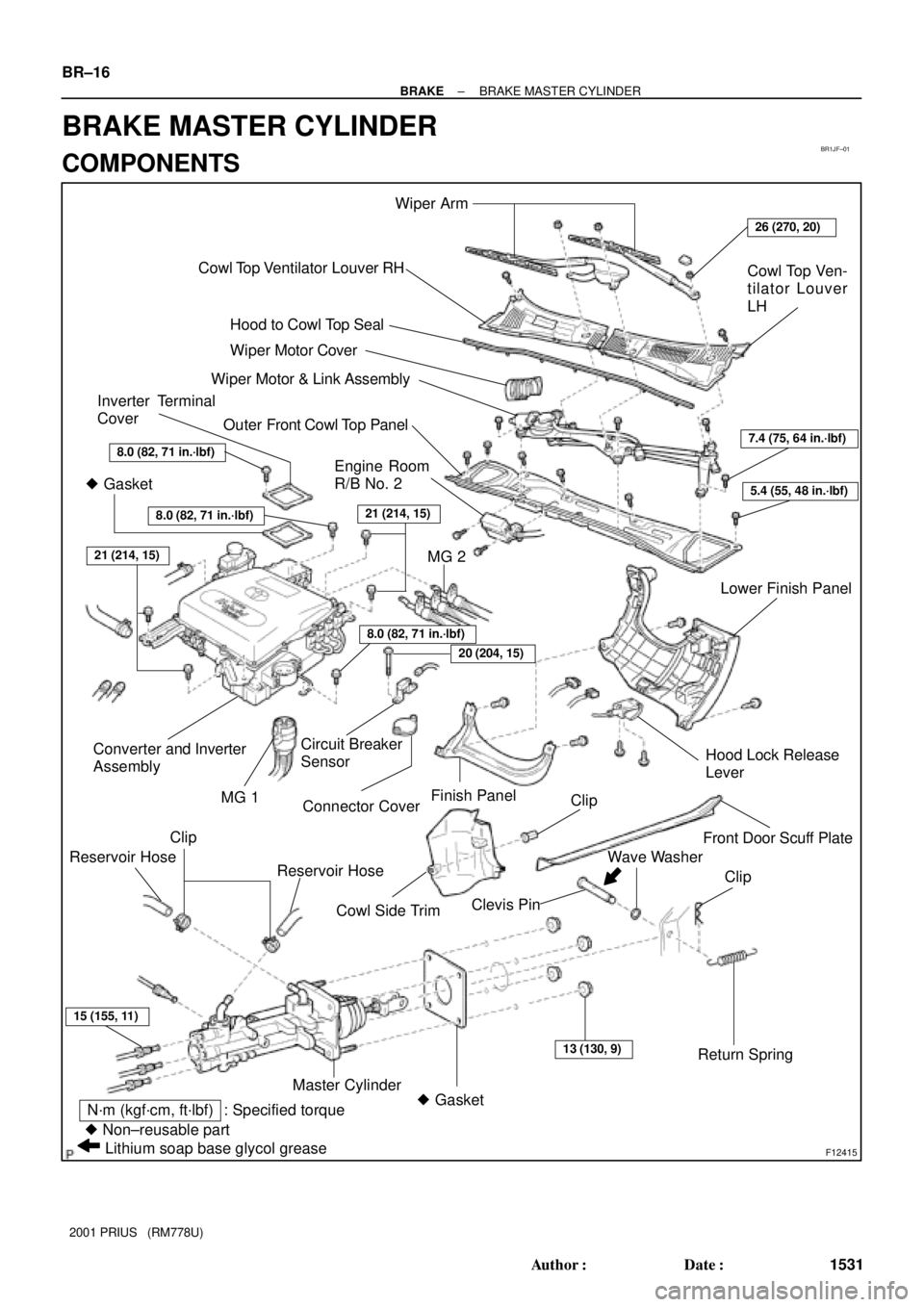 TOYOTA PRIUS 2001  Service Repair Manual BR1JF±01
F12415
Wiper Arm
Cowl Top Ven-
tilator Louver
LH
Hood to Cowl Top Seal
Wiper Motor & Link Assembly
Outer Front Cowl Top Panel
Converter and Inverter
Assembly
Front Door Scuff PlateLower Fini