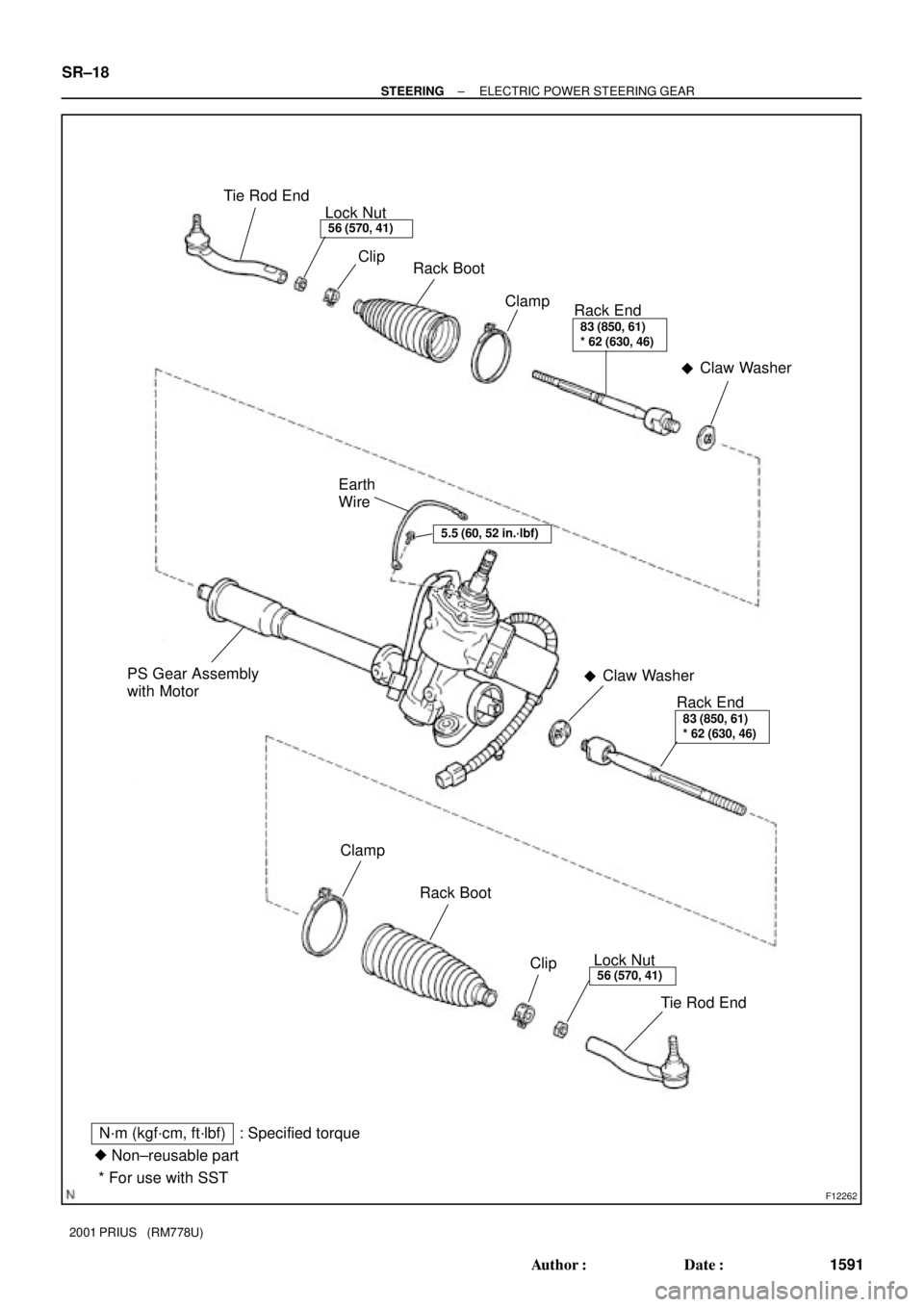 TOYOTA PRIUS 2001  Service Repair Manual F12262
Tie Rod End
Clip
Rack Boot
Clamp
Rack End
PS Gear Assembly
with Motor
Claw Washer

83 (850, 61)
* 62 (630, 46)
Claw Washer

Rack End83 (850, 61)
* 62 (630, 46)
Clamp
Rack Boot
Clip
Tie Rod En