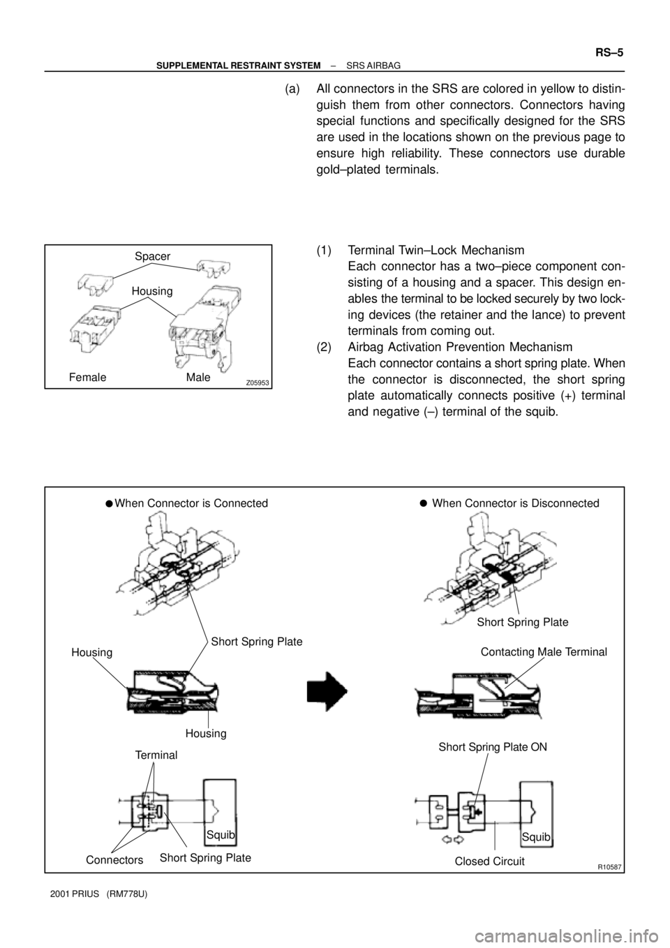 TOYOTA PRIUS 2001  Service Repair Manual Z05953
Spacer
Housing
Female Male
R10587
When Connector is Connected When Connector is Disconnected
Short Spring Plate
Housing
Housing
Terminal
ConnectorsShort Spring PlateSquib
Closed CircuitSquib Sh