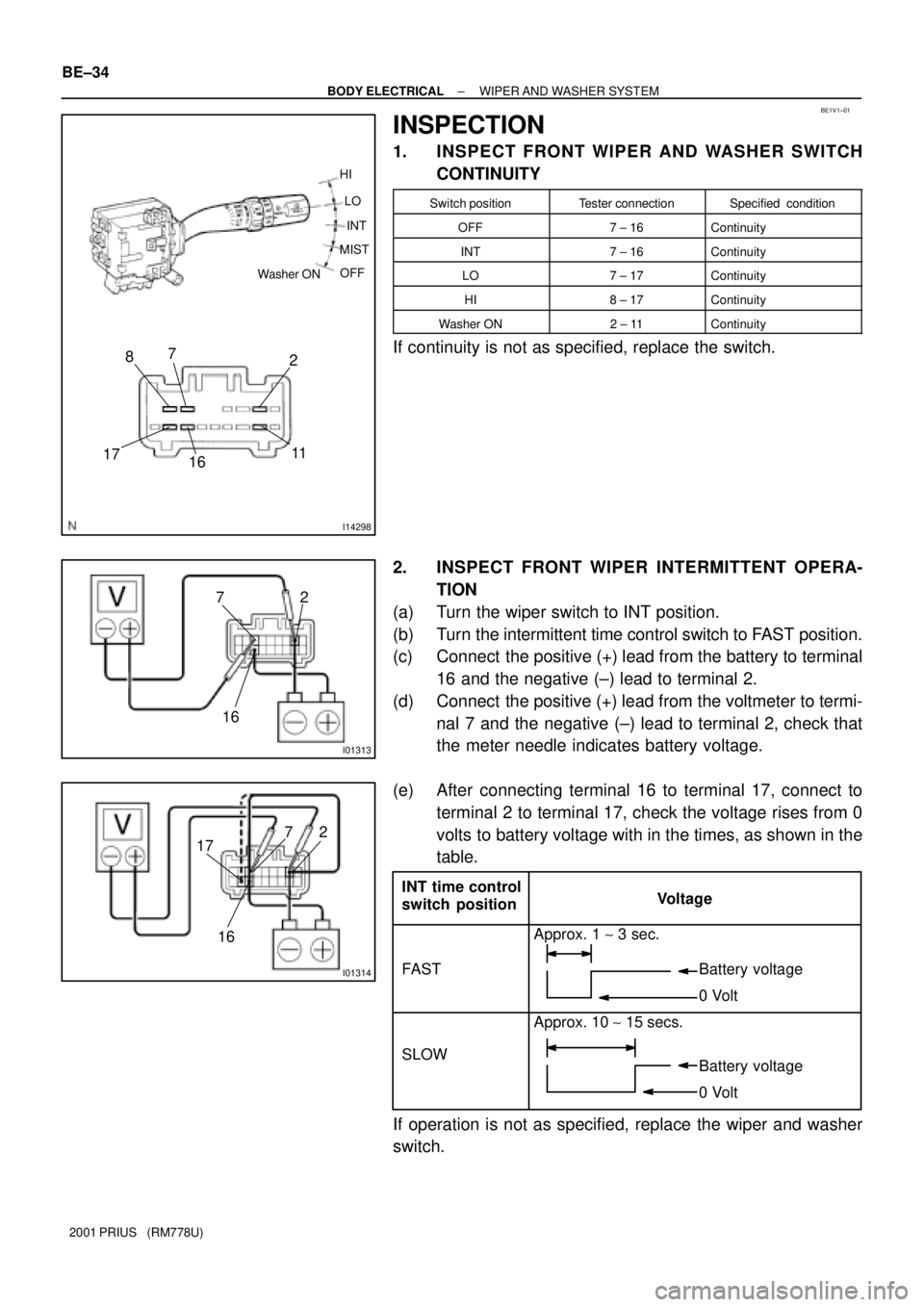 TOYOTA PRIUS 2001  Service Repair Manual I14298
2 87
11
17
16
MISTLO
OFF HI
INT
Washer ON
BE1V1±01
I01313
2 7
16
I01314
2 7
16 17
INT time control
switch positionVoltage
Approx. 1 ~ 3 sec.
Battery voltage
0 Volt
Battery voltage
0 Volt Appro