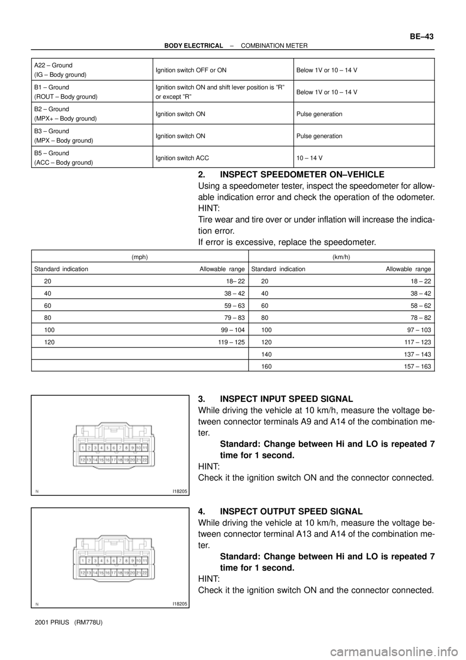TOYOTA PRIUS 2001  Service Repair Manual I18205
I18205
± BODY ELECTRICALCOMBINATION METER
BE±43
2001 PRIUS   (RM778U) A22 ± Ground
(IG ± Body ground)
Ignition switch OFF or ONBelow 1V or 10 ± 14 V
B1 ± Ground
(ROUT ± Body ground)Ignit